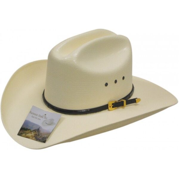 A Eel band Gold Buckle 50X Shantung Cattleman Straw Cowboy Hat with a tag on it.