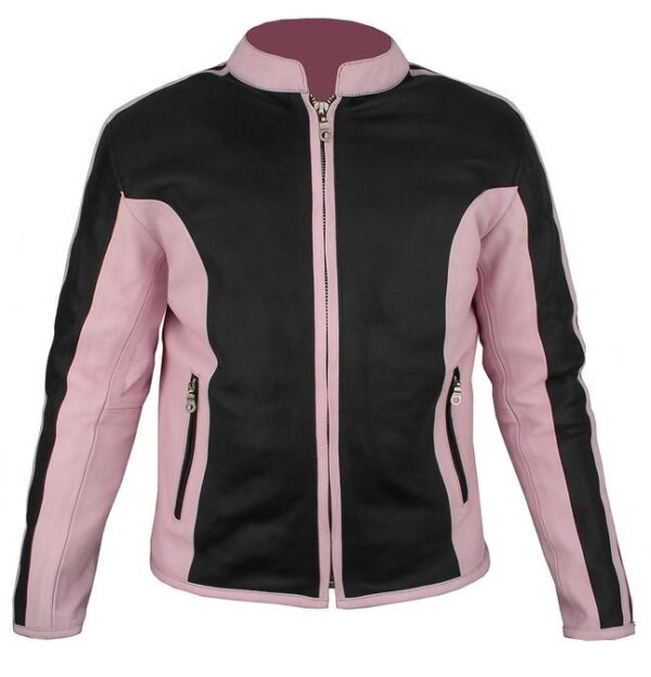 A Ladies Racer Black and pink leather jacket.