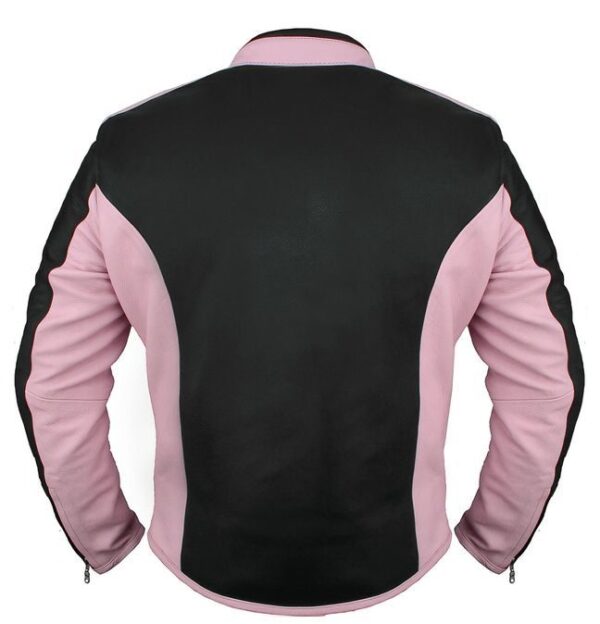The back view of a Ladies Racer Black and pink leather jacket for women.