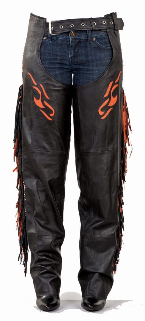 <div class="qsc-html-content"> <p>ORANGE LEATHER FRINGE & FLAME CHAPS with STUDS</p> <ul> <li><strong>Soft COWHIDE leather</strong></li> <li>Covered zipper side</li> <li>Orange flame </li> <li>Orange, black fringe</li> </ul> </div><strong>Condition:</strong> New •