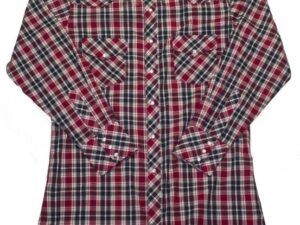 A Mens Black Red Plaid Pearl Snap Western Shirt on a white background.