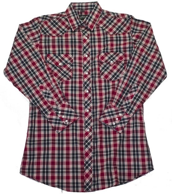 A Mens Black Red Plaid Pearl Snap Western Shirt on a white background.