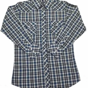 Mens Blue Black Plaid Pearl Snap Western Shirt