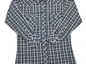 A Mens Blue Black Plaid Pearl Snap Western Shirt on a white background.