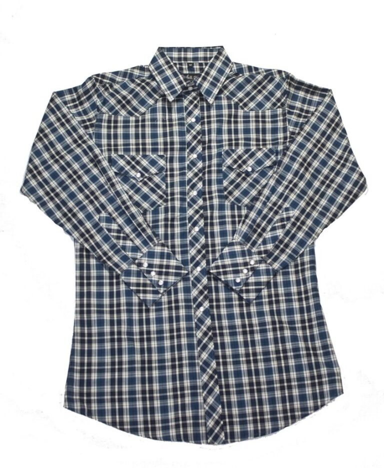 A Mens Blue Black Plaid Pearl Snap Western Shirt on a white background.