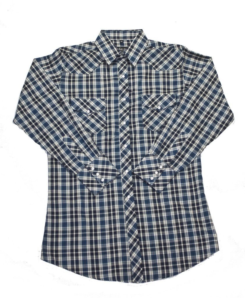 A Mens Blue Black Plaid Pearl Snap Western Shirt on a white background.
