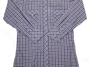 A Mens Blue Red Plaid Pearl Snap Western Shirt on a white background.