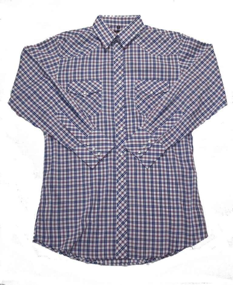 A Mens Blue Red Plaid Pearl Snap Western Shirt on a white background.
