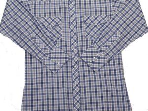 A Mens Blue Tan Plaid Pearl Snap Western Shirt on a white background.