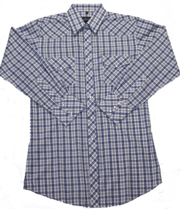 A Mens Blue Tan Plaid Pearl Snap Western Shirt on a white background.