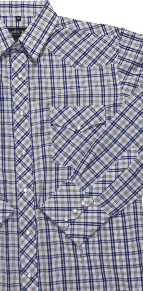 A men's Mens Blue Tan Plaid Pearl Snap Western Shirt.