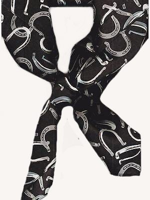A USA MADE Horse Shoe Black Silk Western Scarf, adorned with horseshoes, perfect for adding a touch of cowboy charm to any outfit.