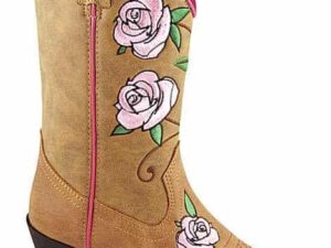 A "Pink Rosette" SIZE 11 Kids Rose brown cowboy boot with pink roses on it.