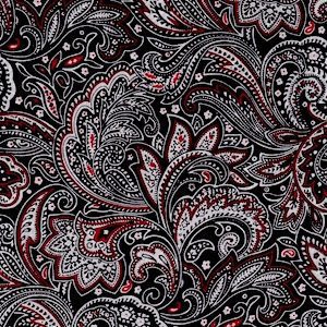 A USA MADE Red White Black Paisley Silk Western Scarf with a striking red paisley pattern on a black background.