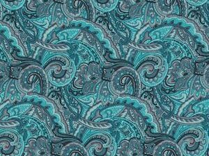A USA MADE Turquoise Paisley Silk Western Scarf with a paisley pattern on a blue background.