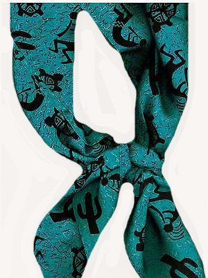 A USA MADE Turquoise Kokapelli Silk Western Scarf with turquoise and cactus designs.