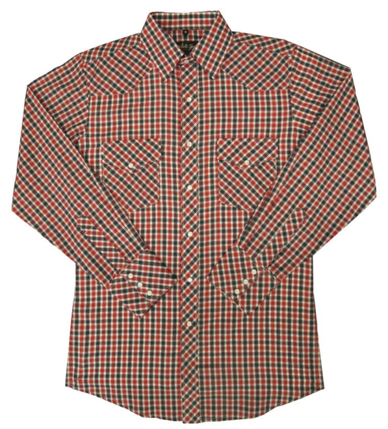 A Mens Navy Red Plaid Pearl Snap Western Shirt.