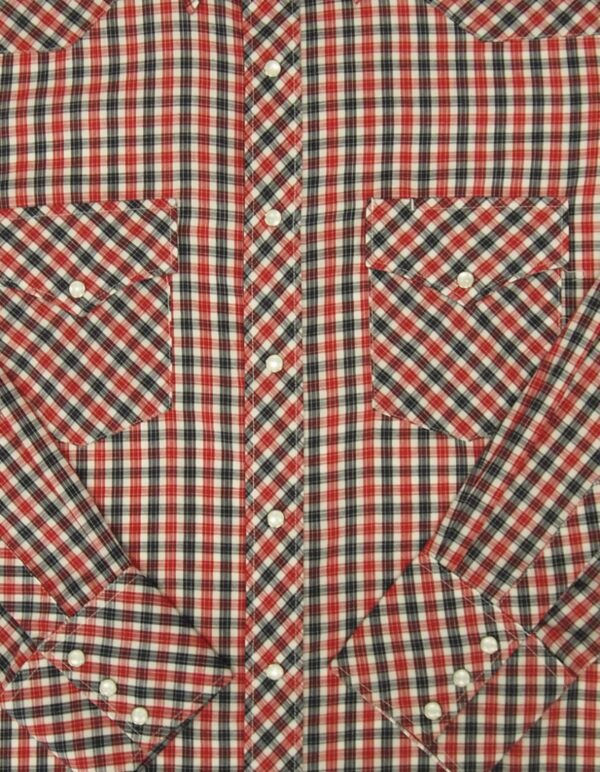 A Mens Navy Red Plaid Pearl Snap Western Shirt on a white background.
