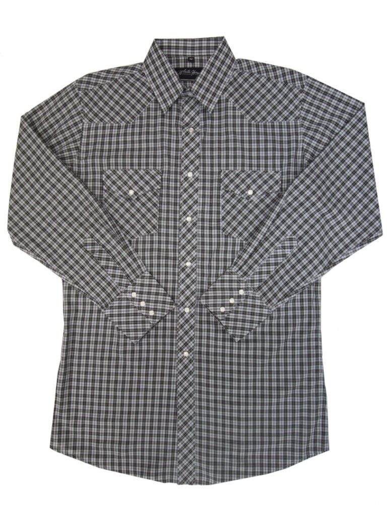 A men's Mens White and Black Plaid Longsleeve Pearl Snap Western Shirt on a white background.