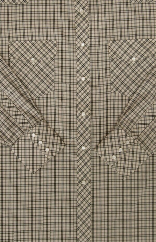 A Mens Black Tan Plaid Longsleeve Pearl Snap Western Shirt on a white background.