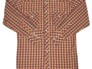 A Mens Blue Gold and Red Plaid Longsleeve Pearl Snap Western Shirt with a red, yellow and orange checkered pattern.