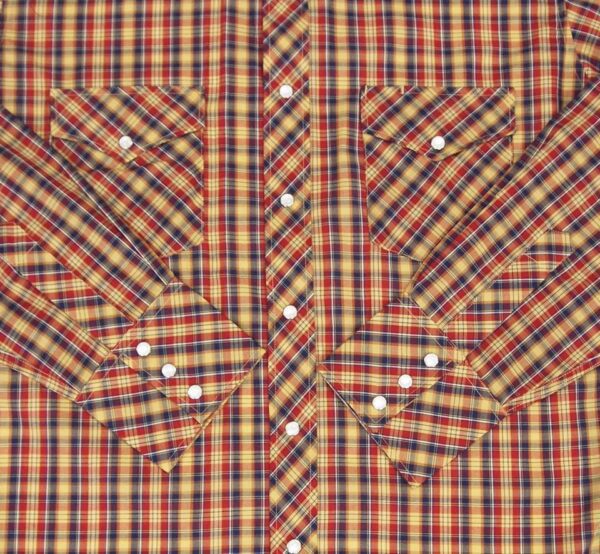 A Mens Blue Gold and Red Plaid Longsleeve Pearl Snap Western Shirt on a white background.
