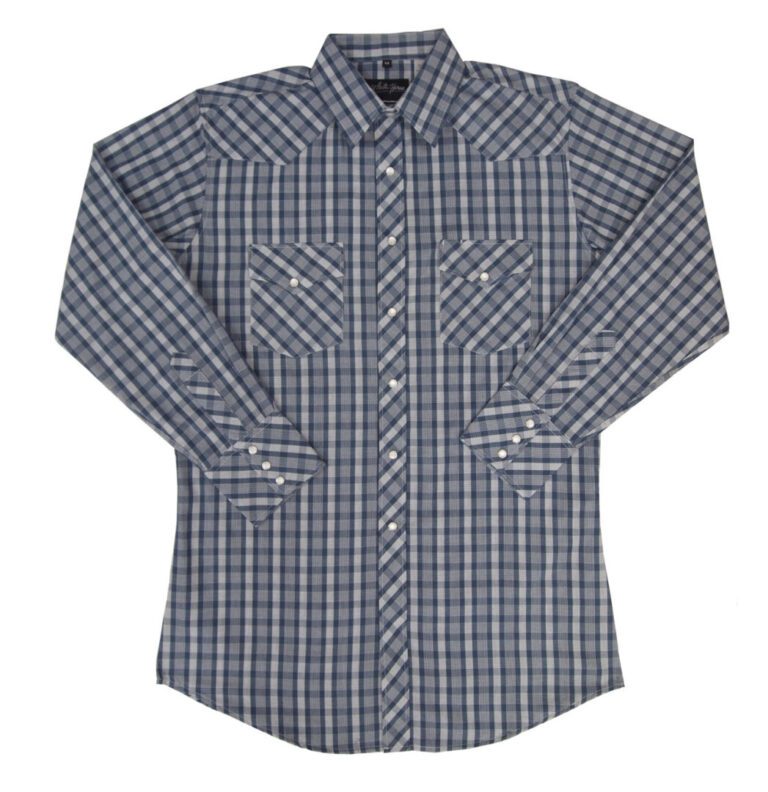 A Blue and White Plaid Longsleeve Pearl Snap Mens Western Shirt with a blue and white checkered pattern.
