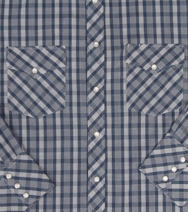 A Blue and White Plaid Longsleeve Pearl Snap Mens Western Shirt on a white background.