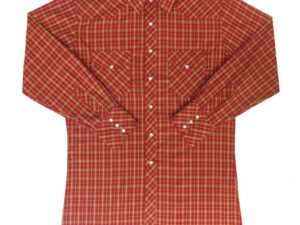 A Red Gold & White Plaid Longsleeve Pearl Snap Mens Western Shirt on a white background.