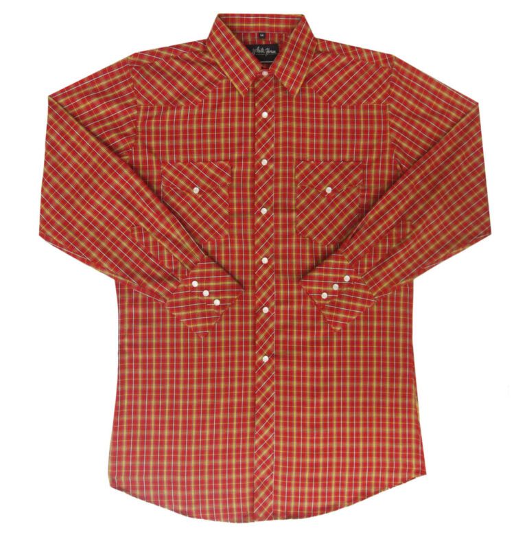 A Red Gold & White Plaid Longsleeve Pearl Snap Mens Western Shirt on a white background.