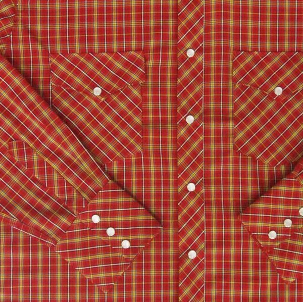 A Red Gold & White Plaid Longsleeve Pearl Snap Mens Western Shirt on a white background.