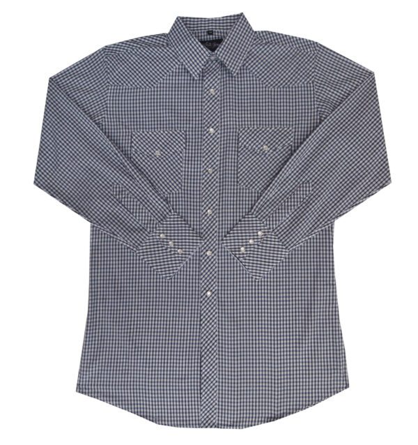 A men's black plaid longsleeve pearl snap western shirt.