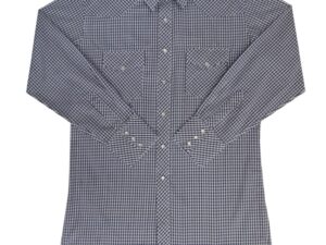 A men's black plaid longsleeve pearl snap western shirt.