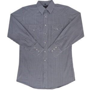 A men's black plaid longsleeve pearl snap western shirt.