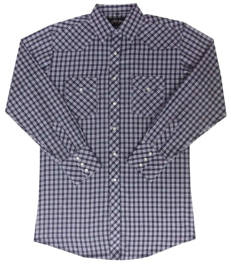 A men's Purple Plaid Longsleeve Pearl Snap Western shirt.