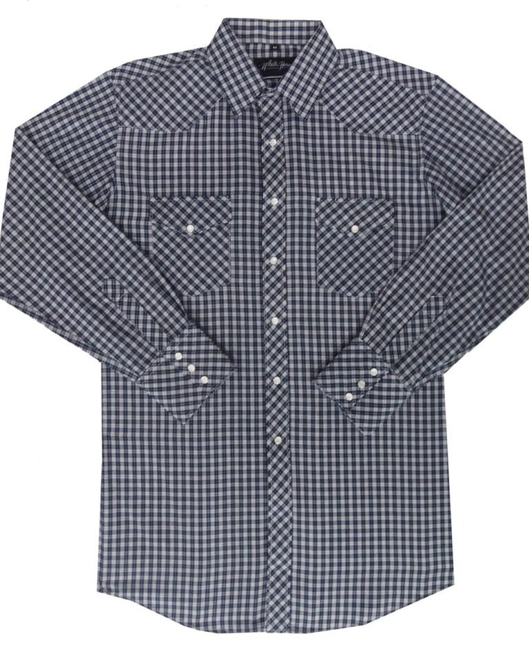 A men's Mens White Navy Plaid Pearl Snap Western shirt.