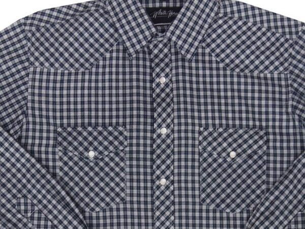 A Mens White Navy Plaid Pearl Snap Western Shirt blue and white checkered shirt.