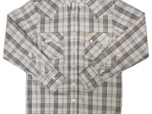 A Mens White Horse Ranch Blue Stripe Cotton western shirt with a plaid pattern.