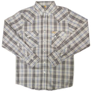 A Mens White Horse Ranch Blue Stripe Cotton western shirt with a plaid pattern.