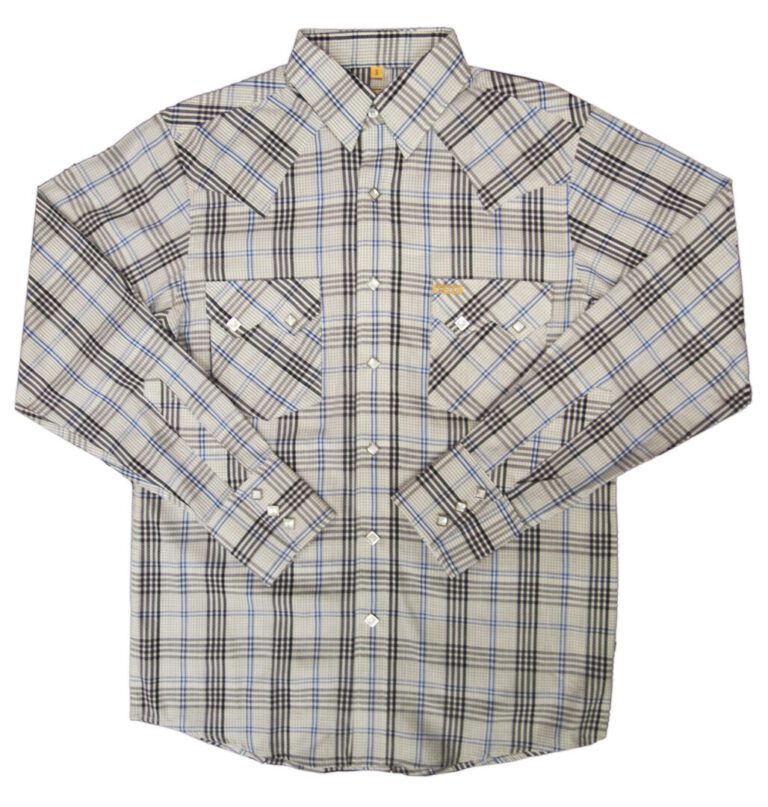 A Mens White Horse Ranch Blue Stripe Cotton western shirt with a plaid pattern.