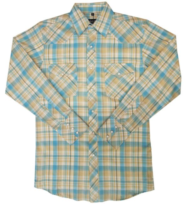 A Mens Pearl Snap Turquoise Plaid Western Shirt on a white background.