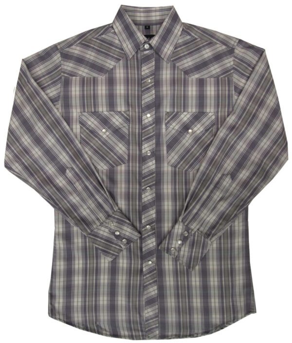 A Mens Pearl Snap Brown and Grey Plaid Western Shirt with a plaid pattern.