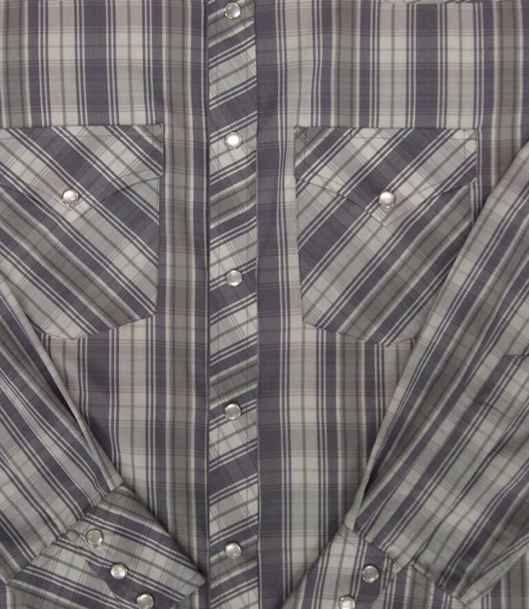 A Men's Pearl Snap Brown and Grey Plaid Western Shirt on a white background.