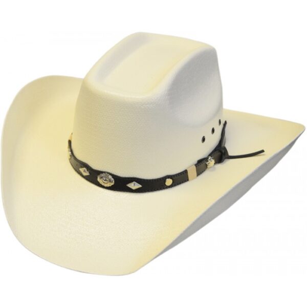 A 50X Shantung 8 Second Crown Straw cowboy hat on a white background.