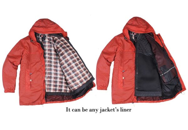 Two pictures of a Fleecy plaid Button-In Liner Vest for Kakadu brand jackets with a checkered lining.