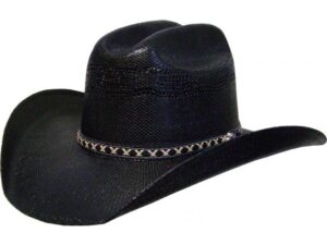 A 50X BANGORA Vented Black straw cowboy hat on a white background.