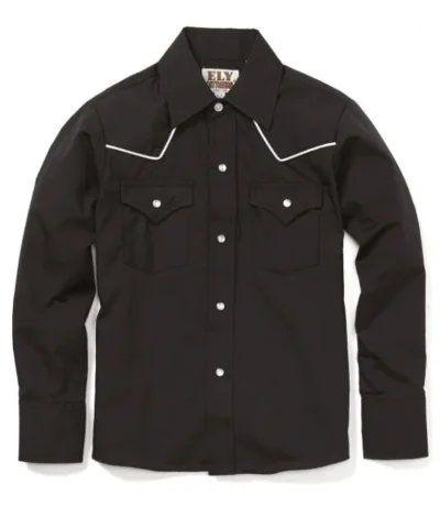 Kids Ely White Piped Black Western Shirt <ul style="list-style: square inside none;"> <li>matching western shirts</li> <li>65% Poly, 35% Cotton</li> <li>XSMALL to Large</li> </ul> •