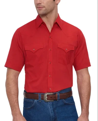 Mens Short Sleeve Pearl Snap Red Western Shirt <ul style="list-style: square inside none;"> <li>65% poly, 35% Cotton</li> <li>Pearl Snaps</li> <li><strong>L & XL</strong></li> </ul> •