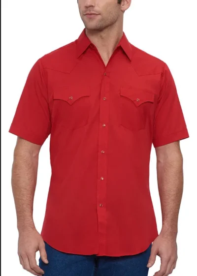 Mens Short Sleeve Pearl Snap Red Western Shirt <ul style="list-style: square inside none;"> <li>65% poly, 35% Cotton</li> <li>Pearl Snaps</li> <li><strong>L & XL</strong></li> </ul> •