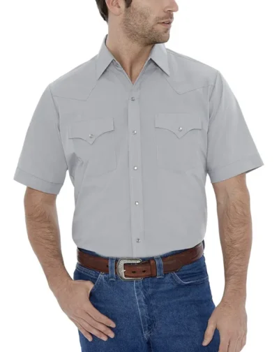 Mens Short Sleeve Wrinkle Resistant GREY Western Shirt <ul> <li>65% poly, 35% Cotton</li> <li>Pearl Snaps</li> <li><strong>SMALL TO 3XL REG OR TALL</strong></li> </ul> •